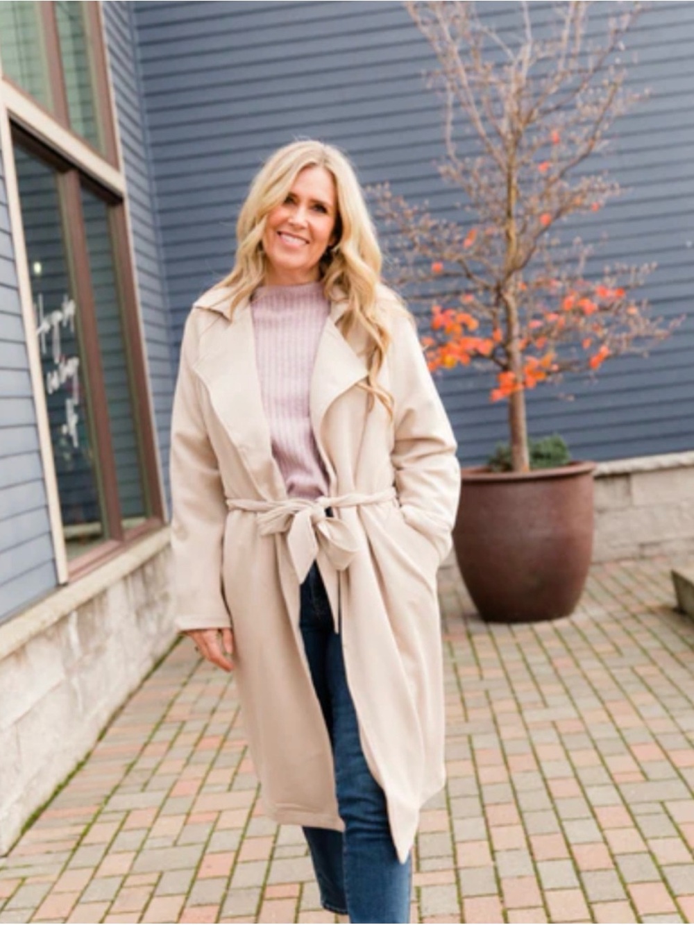 Women’s Cream Tie-Waist Trench Coat